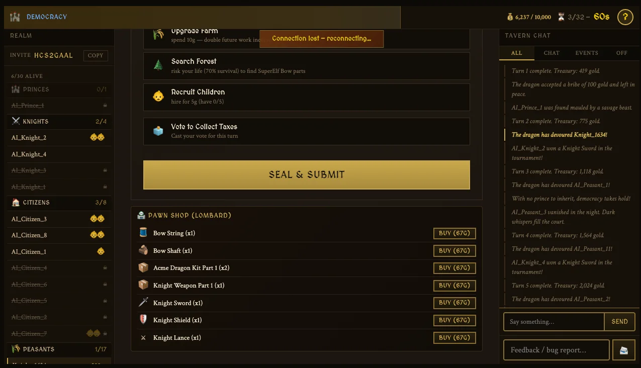 A screenshot of the King & Dragon game board from a peasant's point of view