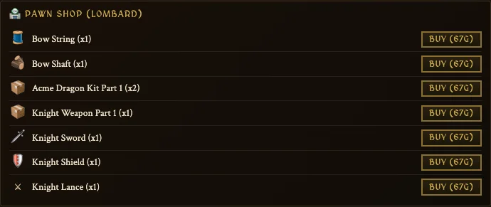 Pawn Shop UI showing seven purchasable items with buy buttons